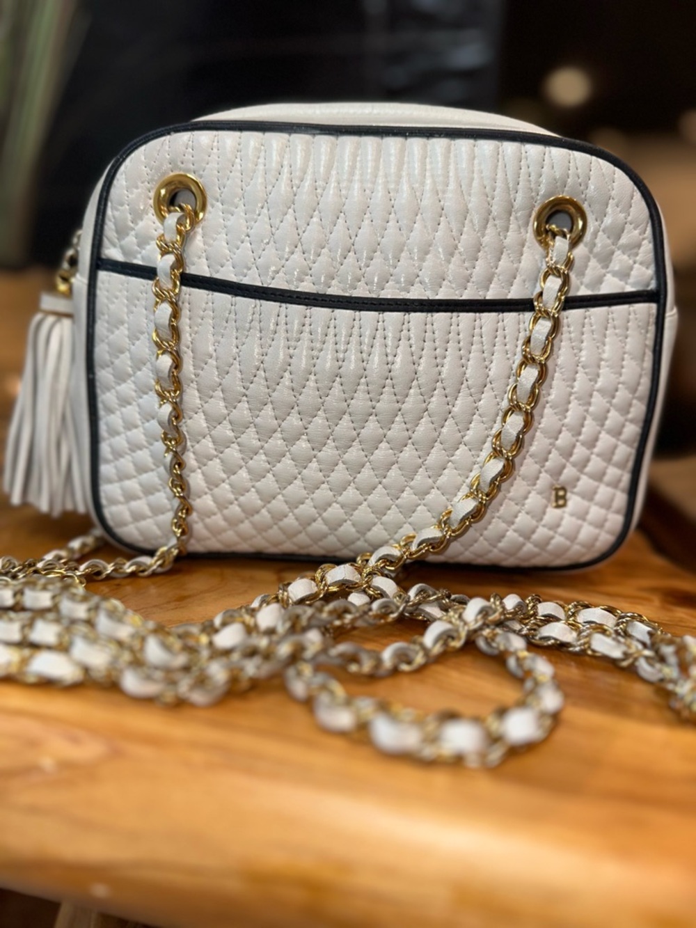 Bally Quilted Leather Camera Crossbody • White & Navy • Leather-Lined • Italy
